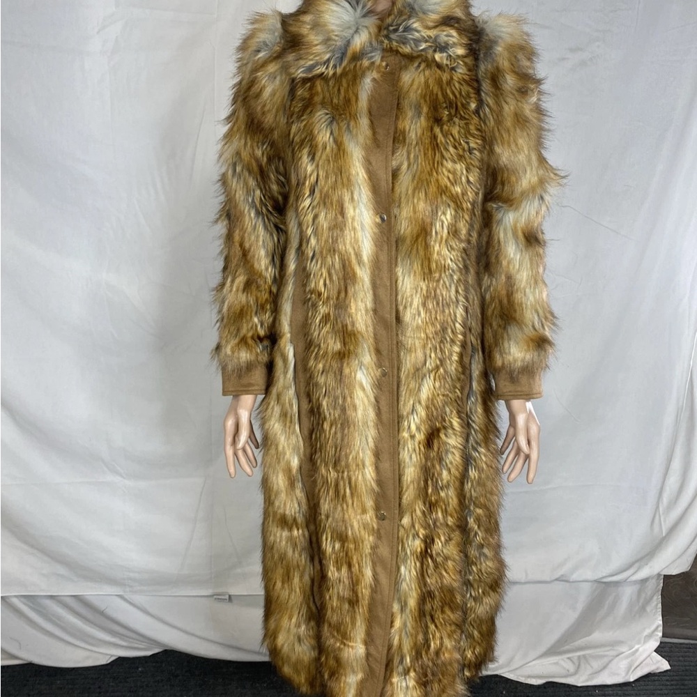 Donna Salyers Fabulous Furs Womens Long Faux Fur Jacket Size XS Brown